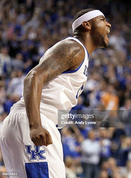 DeMarcus Cousins of the Kentucky Wilcats celebrates during the SEC game against the Tennessee Volunteers on February 13, 2010 at Rupp Arena in...