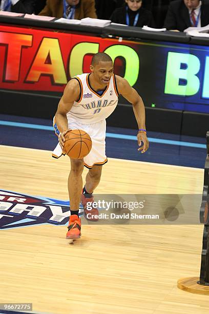 Russell Westbrook of the Oklahoma City Thunder dribbles during the Taco Bell Skills Challenge as part of All Star Saturday Night during 2010 NBA All...