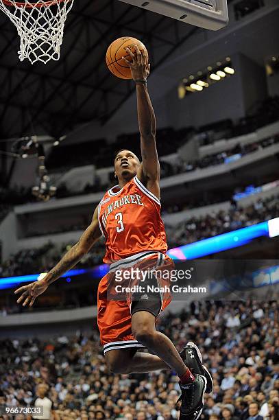 Brandon Jennings of the Milwaukee Bucks shoots a layup during the Taco Bell Skills Challenge as part of All Star Saturday Night during 2010 NBA All...