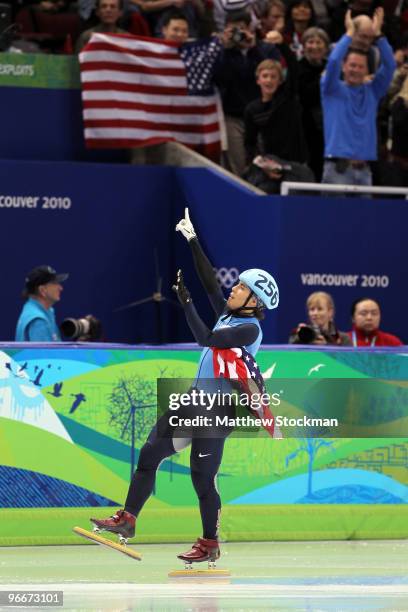 Apolo Anton Ohno of United States reacts after winning silver in 1500 m men's short track on day 2 of the Vancouver 2010 Winter Olympics at Pacific...