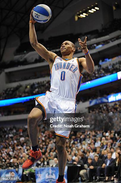 Russell Westbrook of the Oklahoma City Thunder shoots a layup during the Taco Bell Skills Challenge as part of All Star Saturday Night during 2010...