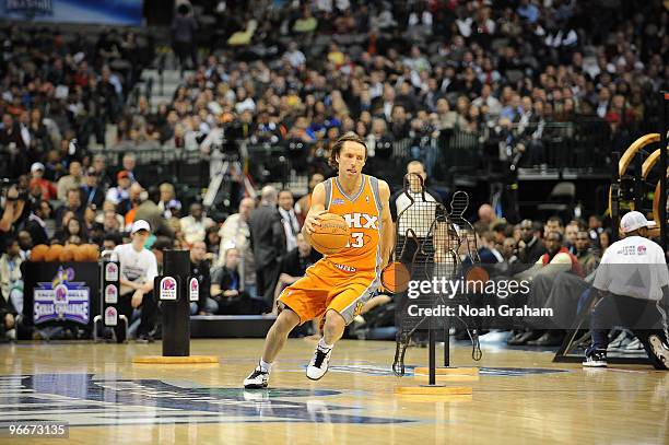 Steve Nash of the Phoenix Suns dribbles during the Taco Bell Skills Challenge as part of All Star Saturday Night during 2010 NBA All Star Weekend on...