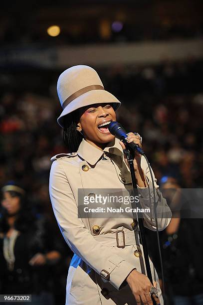 Recording Artist Eryka Badu performs during intermission of the Taco Bell Skills Challenge as part of All Star Saturday Night during 2010 NBA All...