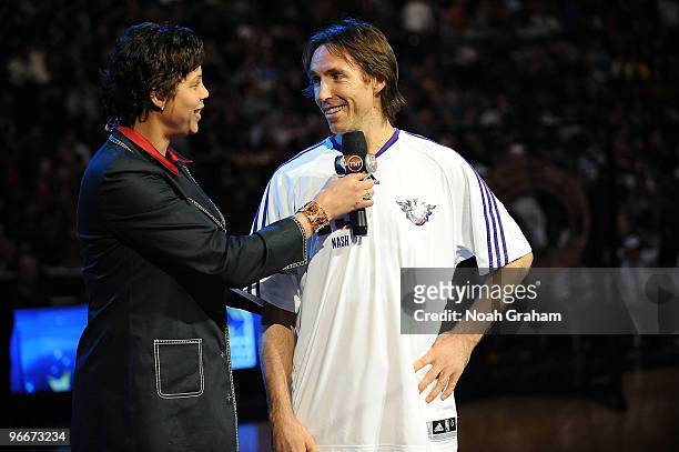 Analyst Cheryl Miller interviews Steve Nash of the Phoenix Suns following his win in the Taco Bell Skills Challenge as part of All Star Saturday...