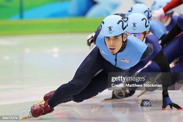 Apolo Anton Ohno of United States competes in 1500 m men's short track final on day 2 of the Vancouver 2010 Winter Olympics at Pacific Coliseum on...