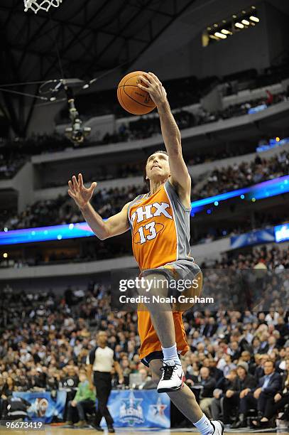 Steve Nash of the Phoenix Suns shoots a layup during the Taco Bell Skills Challenge as part of All Star Saturday Night during 2010 NBA All Star...