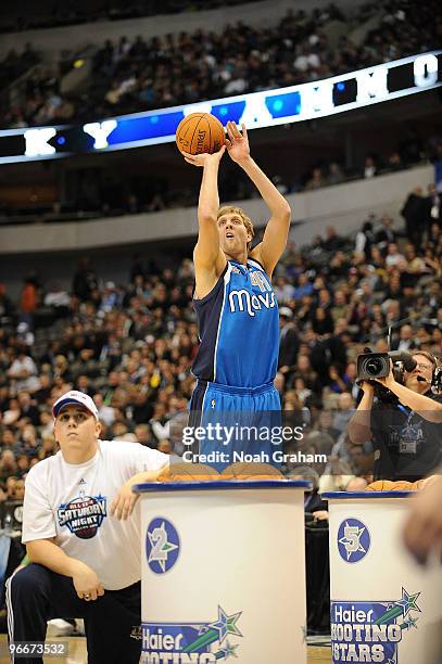 Dirk Nowitzki of Team Texas shoots a jumpshot during the Haier Shooting Stars Competition as part of All Star Saturday Night during 2010 NBA All Star...