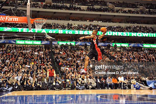 DeMar DeRozan of the Toronto Raptors dunks during the Sprite Slam Dunk Contest on All-Star Saturday Night, as part of 2010 NBA All-Star Weekend at...