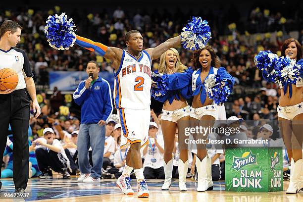 Nate Robinson of the New York Knicks reacts after a dunk during the Sprite Slam Dunk Contest on All-Star Saturday Night, as part of 2010 NBA All-Star...