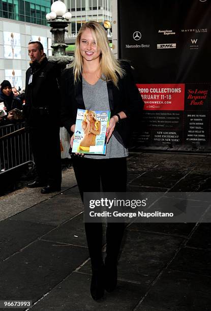 Model of the 2010 SI Swimsuit issue Esti Ginzburg on the steps at Bryant Park during Mercedes-Benz Fashion Week Fall 2010 on February 13, 2010 in New...