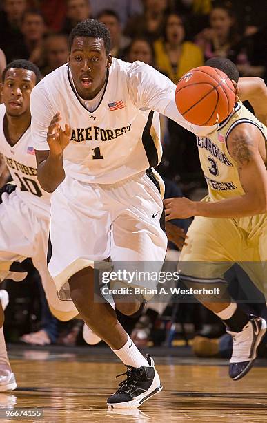 Al-Farouq Aminu of the Wake Forest Demon Deacons starts a fast break after one of his four steals against the Georgia Tech Yellow Jackets on February...