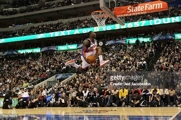 Nate Robinson of the New York Knicks attempts to dunk during the Sprite Slam Dunk Contest on All-Star Saturday Night, part of 2010 NBA All-Star...