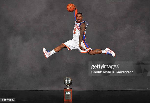 Sprite Slam Dunk Contest winner Nate Robinson poses with the trophy on All-Star Saturday Night, as part of 2010 NBA All-Star Weekend at American...