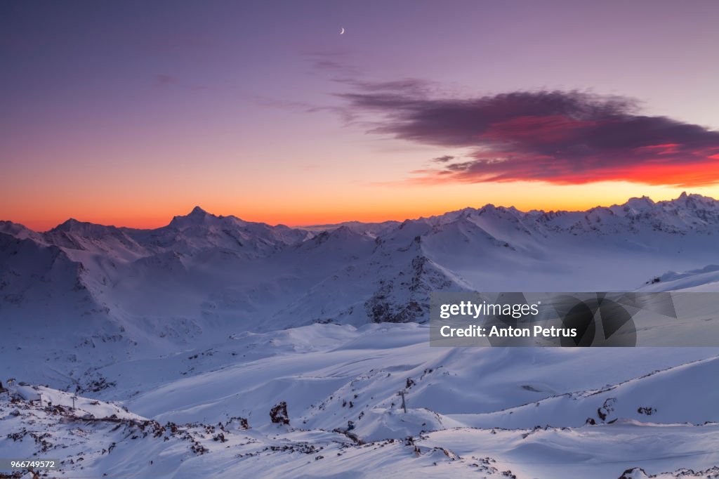 View from Mount Elbrus to the Main Caucasian Range at sunset