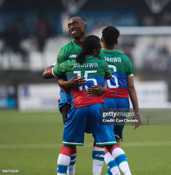 Gianni Chrichlow of Barawa celebrates a goal with teammates during the CONIFA World Football Cup 2018 match between Barawa and Tamil Eelam at Bromley...