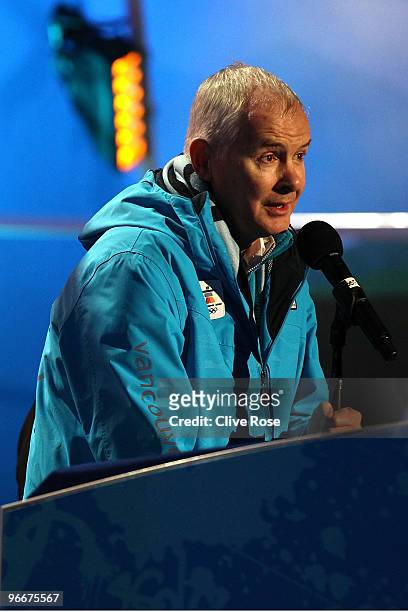 Vanoc CEO John Furlong speaks prior to the Medal Ceremony on day 2 of the Vancouver 2010 Winter Olympics at Whistler Medals Plaza on February 13,...