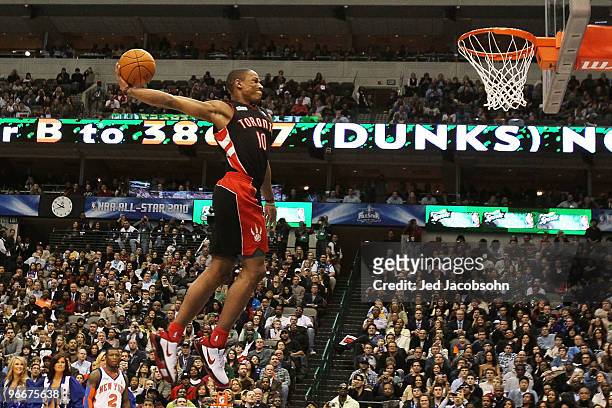DeMar DeRozan of the Toronto Raptors goes up for a dunk during the Sprite Slam Dunk Contest on All-Star Saturday Night, part of 2010 NBA All-Star...
