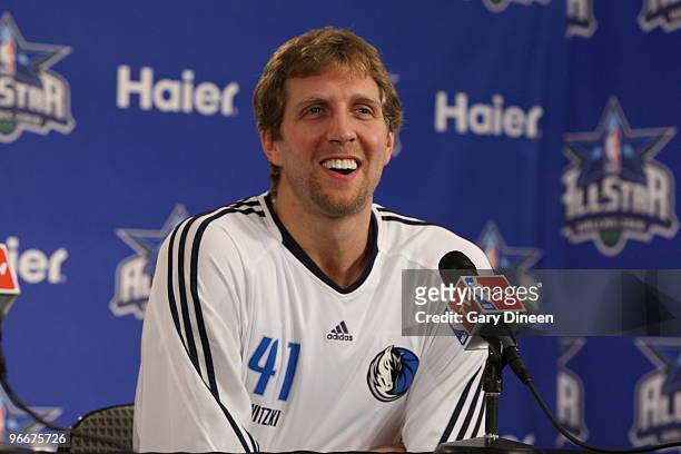 Dirk Nowitzki of the Texas Team after winning the 2010 Haier Shooting Stars speaks to the media at a press conference as part of the 2010 NBA...