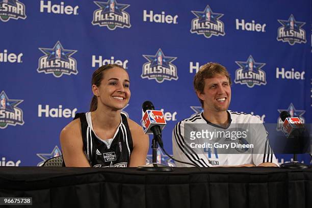 Becky Hammon and Dirk Nowitzki of the Texas Team after winning the 2010 Haier Shooting Stars speaks to the media at a press conference as part of the...