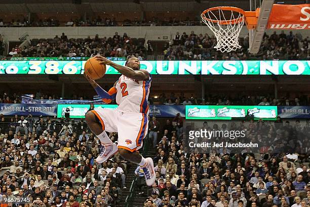Nate Robinson of the New York Knicks attempts a dunk during the Sprite Slam Dunk Contest on All-Star Saturday Night, part of 2010 NBA All-Star...