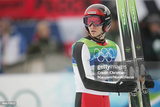 Robert Kranjec of Slovenia looks on during the Ski Jumping Normal Hill Individual event on day 2 of the Olympic Winter Games Vancouver 2010 ski...