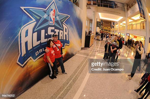 Fans pose for a portrait inside the American Airlines Center prior to the Taco Bell Skills Challenge as part of All Star Saturday Night during 2010...