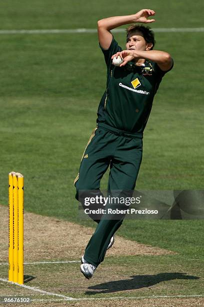 Shelley Nitschke of Australia bowls during the Third Women's One Day International between Australia and New Zealand at St Kilda C.G. On February 14,...