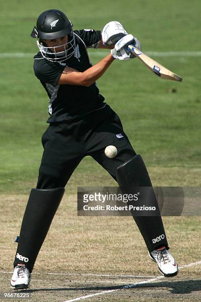 Sara McGlashan of New Zealand plays a shot during the Third Women's One Day International between Australia and New Zealand at St Kilda C.G. On...