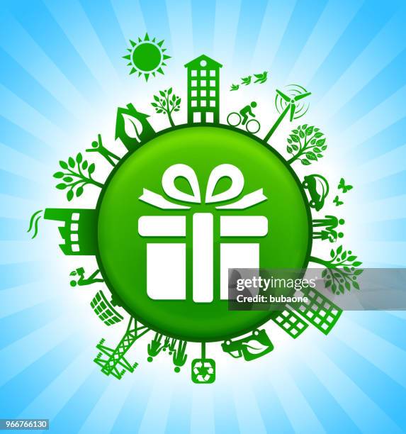 gift box environment green button background on blue sky - glowing box stock illustrations