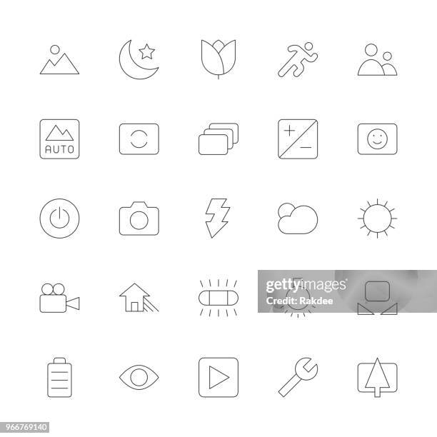 camera function icon set 1 - ultra thin line series - digital single lens reflex camera stock illustrations