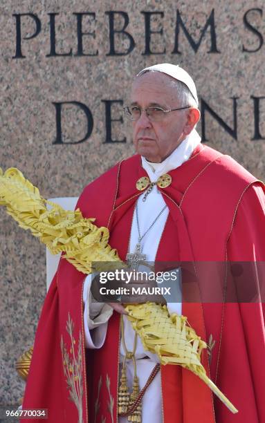 Le pape François célèbre la messe solennelle du dimanche des Rameaux sur la place Saint-Pierre au Vatican le 20 mars 2016. Cette messe marque le...