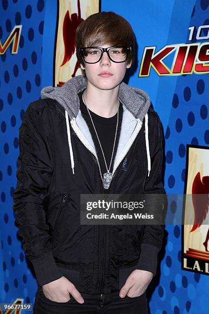 Singer Justin Bieber poses after his free concert presented by KIIS-FM at Nokia Plaza L.A. Live on February 13, 2010 in Los Angeles, California.