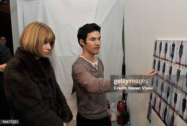 Editor-in-chief of American Vogue Anna Wintour and designer Joseph Altuzarra backstage at the Altuzarra Fall/Winter 2010 fashion show at Milk Studios...