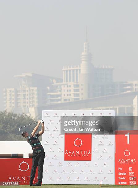 Oliver Fisher of England tees off during the Final Round of the Avantha Masters held at The DLF Golf and Country Club on February 14, 2010 in New...