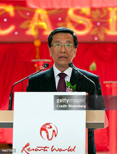 Lim Kok Thay, chairman and chief executive officer of Genting Bhd., speaks at a ceremony marking the soft opening of Genting Singapore Plc's Resorts...