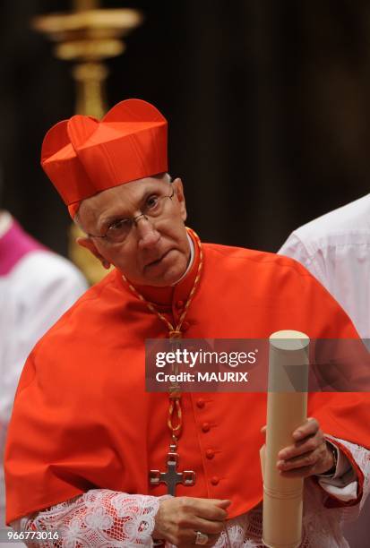New cardinal Fortunato Baldelli receives the biretta cap from Pope Benedict XVI. Pope Benedict XVI installed 24 new cardinals during a consistory...