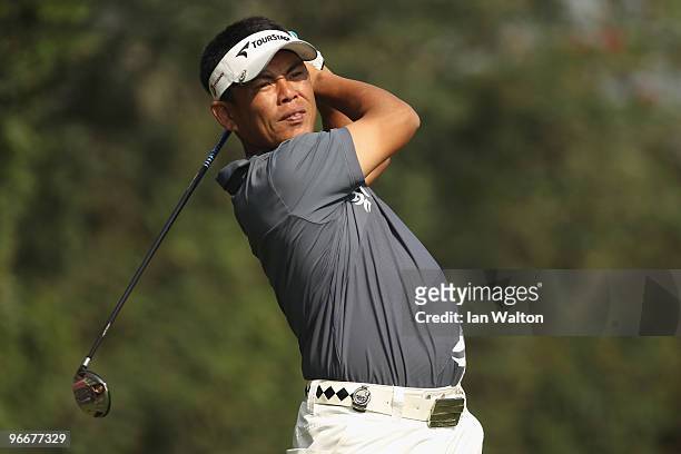 Tetsuji Hiratsuka of Japan plays a shot during the Final Round of the Avantha Masters held at The DLF Golf and Country Club on February 14, 2010 in...