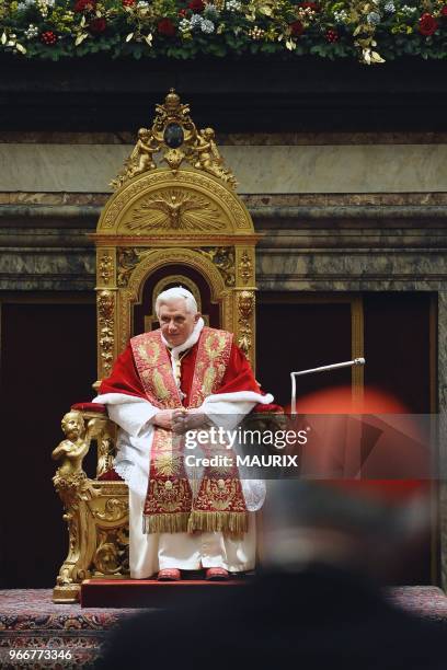 Pope Benedict XVI exchanges Christmas wishes with cardinals and prelates, in the Clementine Hall, at the Vatican.