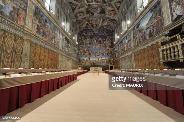 View of the Vatican's Sistine Chapel ready for the conclave and the election of the new pope on March 12, 2013 at the Vatican. Photo by 2430/Gamma.
