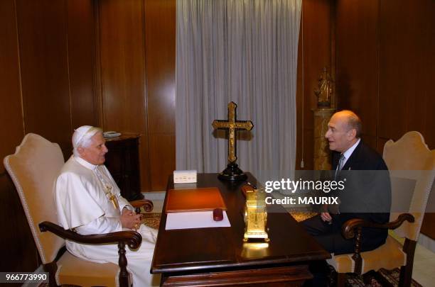 Pope Benedict XVI meets Israeli Prime Minister Ehud Olmert at the end of his weekly audience at the Paul VI Hall at the Vatican. Pope Benedict XVI,...