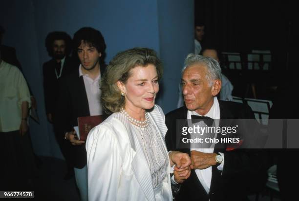 Lauren Bacall et Leonard Bernstein à Paris 18 juin 1986, France.