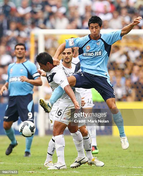 Brendan Gan of Sydney and Carlos Hernandez of the Victory contest possession during the round 27 A-League match between Sydney FC and the Melbourne...