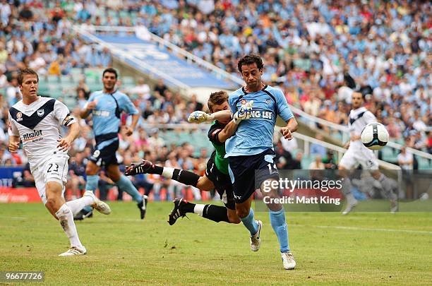 Alex Brosque of Sydney collides with goalkeeper Mitchell Langerak of the Victory during the round 27 A-League match between Sydney FC and the...