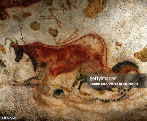 Reproduction of the frescoe known as RED HORSE AND THE BULL, located in the Diverticule Axial. The painting can be seen at Montignac in the Grotto of...