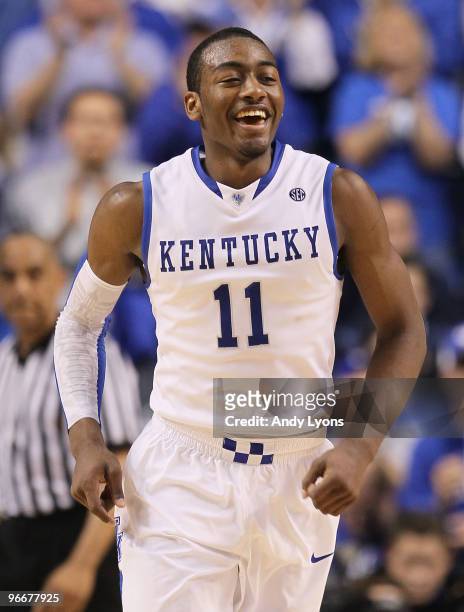 John Wall of the Kentucky Wilcats celebrates during the SEC game against the Tennessee Volunteers on February 13, 2010 at Rupp Arena in Lexington,...