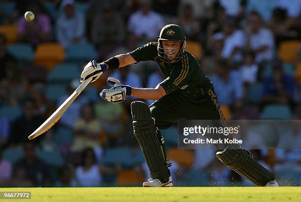 Michael Hussey of Australia drives during the Fourth One Day International match between Australia and the West Indies at The Gabba on February 14,...