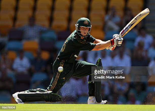 Tim Paine of Australia cuts during the Fourth One Day International match between Australia and the West Indies at The Gabba on February 14, 2010 in...