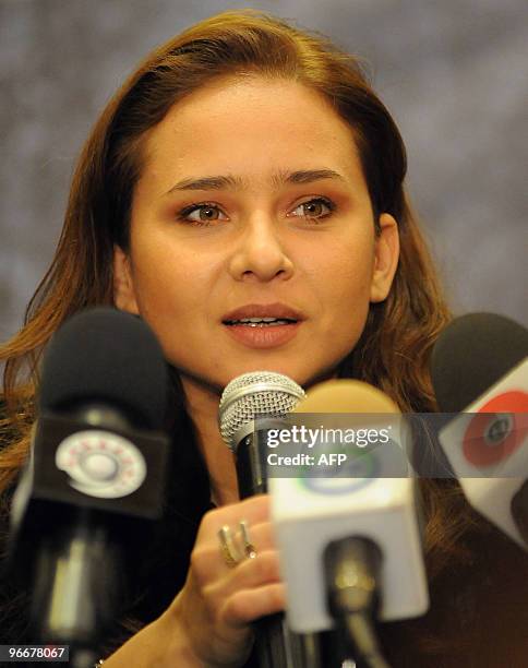 Egyptian actress Nelly Karim speaks during a press conference about her new television series "Ahlam Mustahila" in 6th of October City on the...