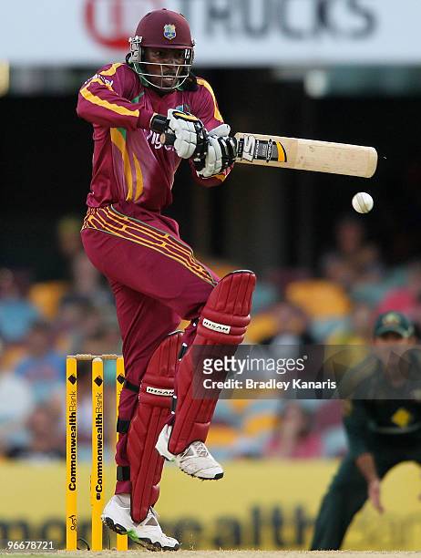 Chris Gayle of the West Indies bats during the Fourth One Day International match between Australia and the West Indies at The Gabba on February 14,...
