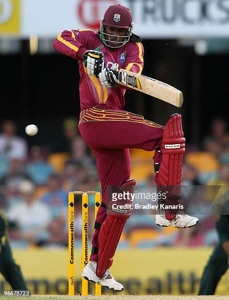 Chris Gayle of the West Indies bats during the Fourth One Day International match between Australia and the West Indies at The Gabba on February 14,...